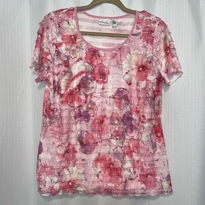 Womens Kim Rogers Petite Floral Mini-Ruffle Short Sleeve Blouse PL NWT‎
